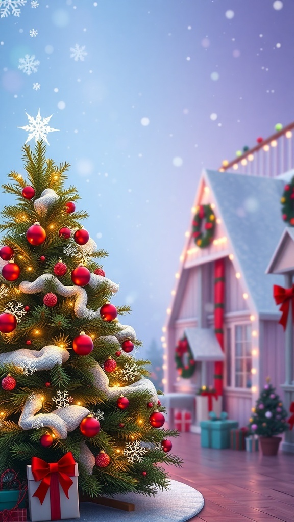 Christmas-themed CAS background for Sims 4 with a decorated tree and winter scenery.